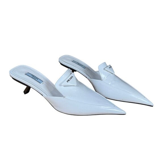Prada White Spazzolato Triangle Logo 55M Pointed Toe Mules Heels Size 39 - Picture 1 of 13